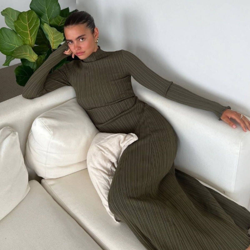 Long Sleeve Knitted Wooden Ear Turtleneck Waist-controlled Slim Fit Slimming Dress