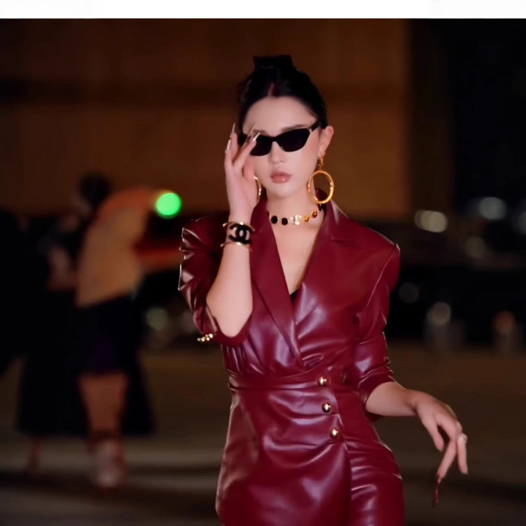 Temperament Western Style Socialite Senior Anke Red Leather Dress