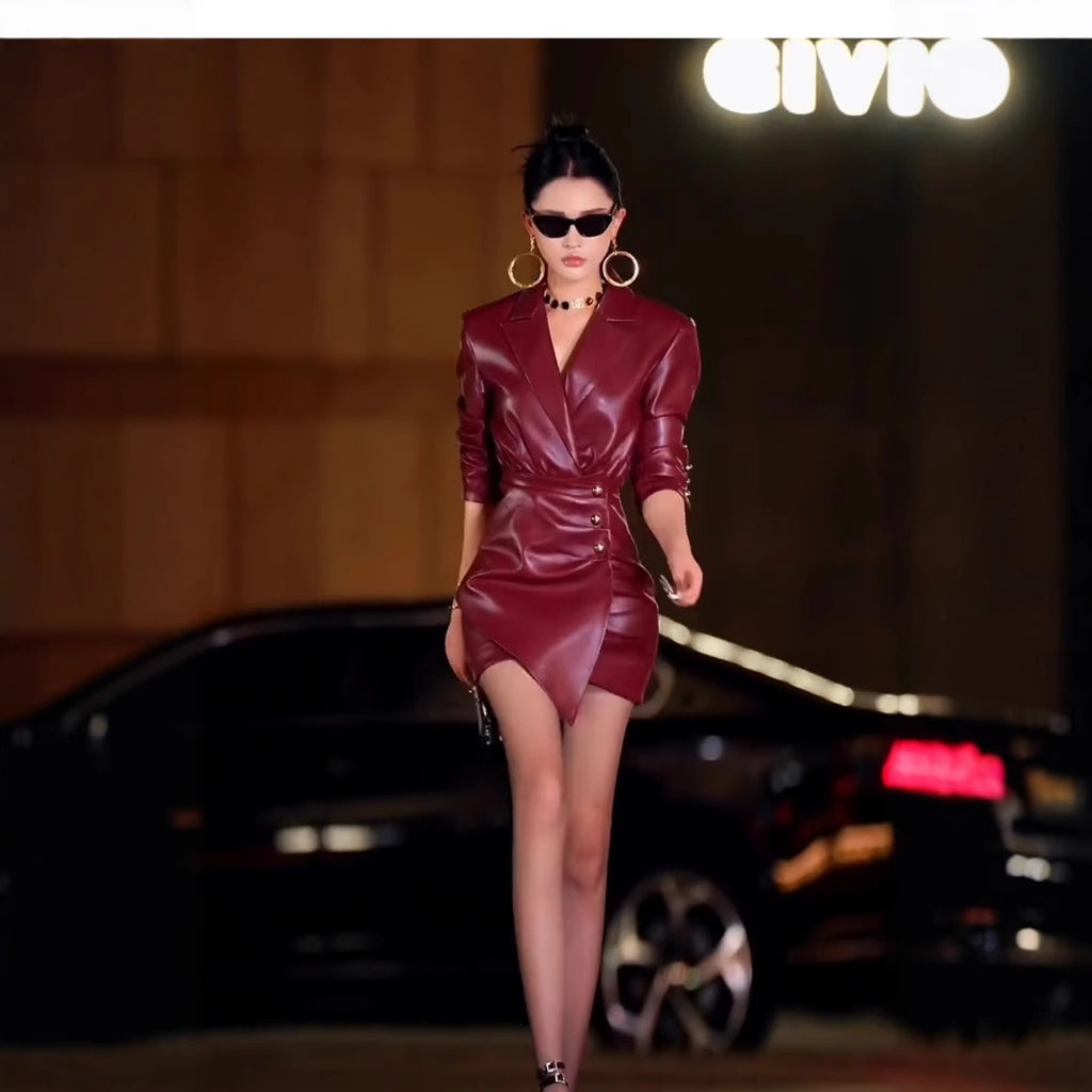 Temperament Western Style Socialite Senior Anke Red Leather Dress