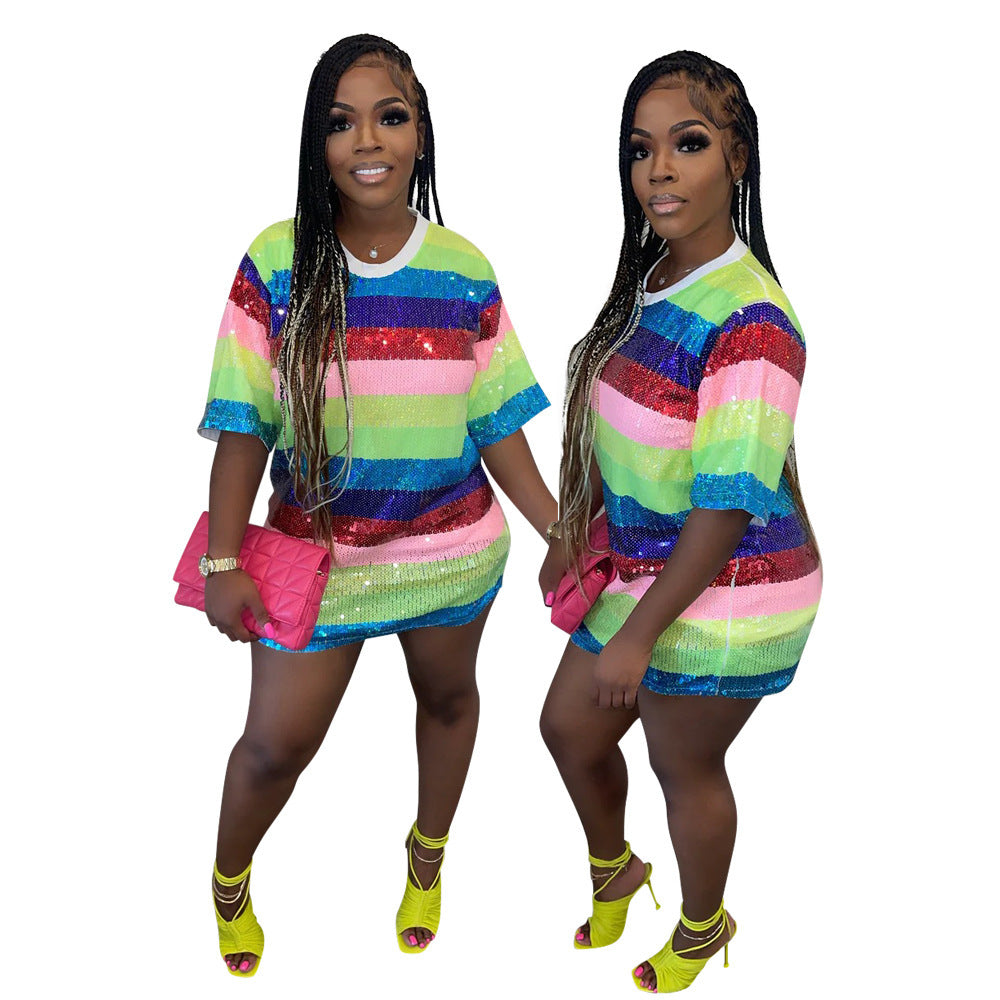 Elegant Round Neck Short Sleeve Loose Fit Sequin Print Dress For Women, Party Nightclub Sparkly Outfit