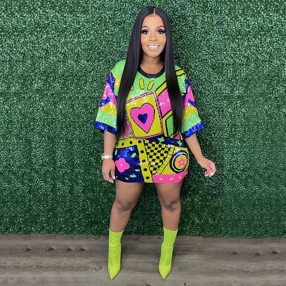 Elegant Round Neck Short Sleeve Loose Fit Sequin Print Dress For Women, Party Nightclub Sparkly Outfit