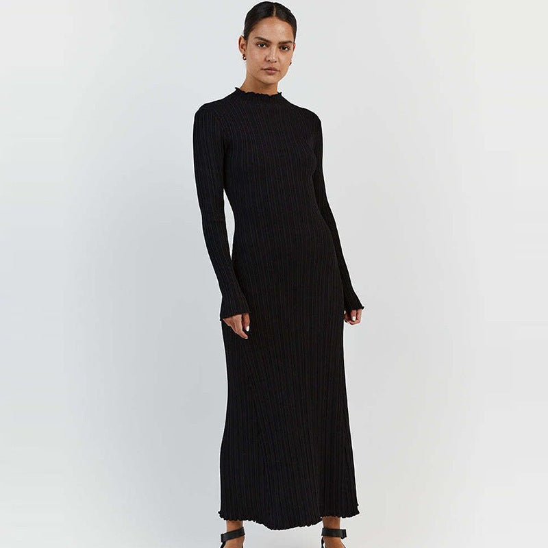 Long Sleeve Knitted Wooden Ear Turtleneck Waist-controlled Slim Fit Slimming Dress